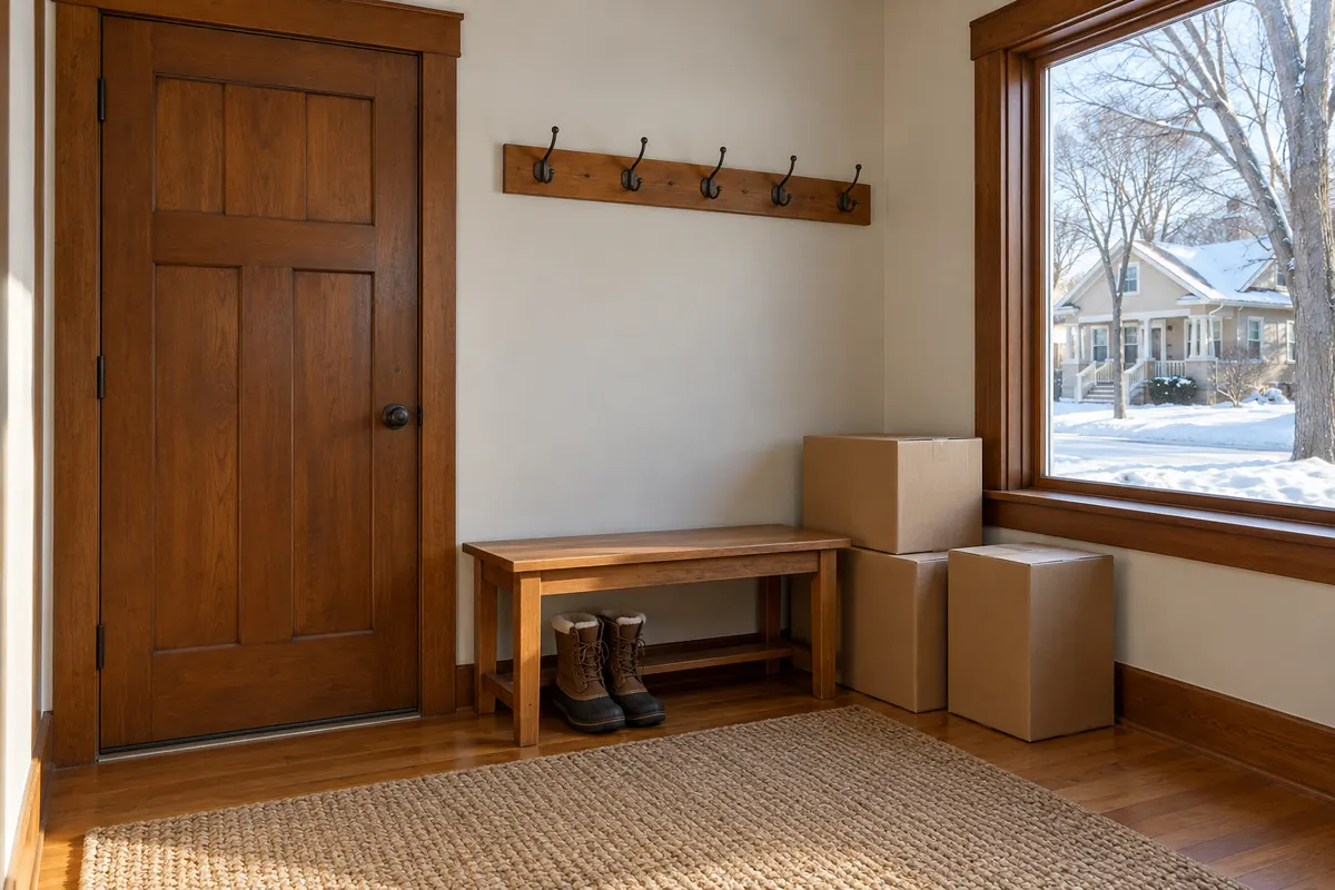 A mudroom bench with boxes and empty hooks