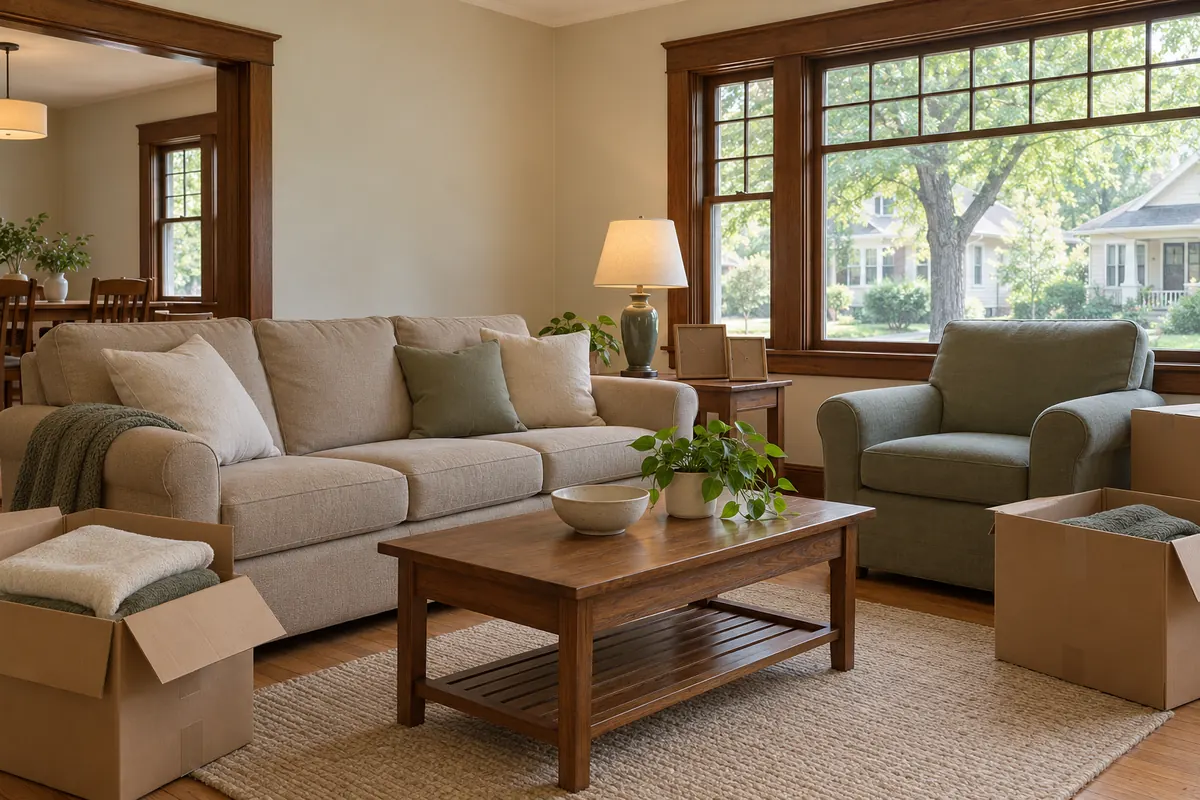 Living room of an older family home with a few packed boxes