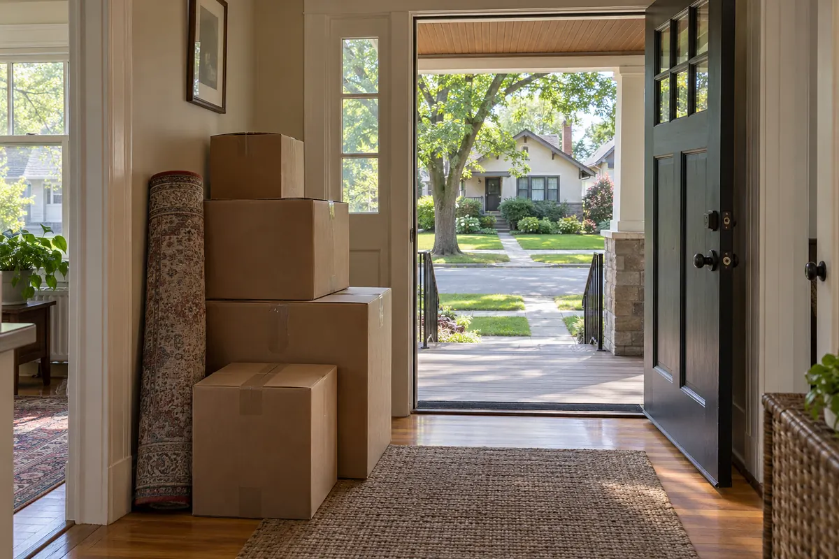 Moving boxes stacked by the front door of a house
